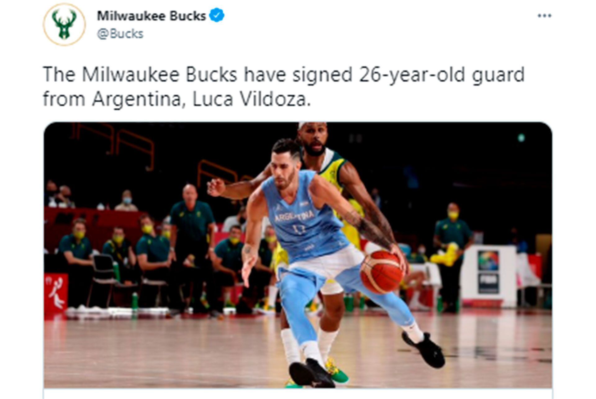 Captura tweet llegada Luca Vildoza a Milwaukee Bucks