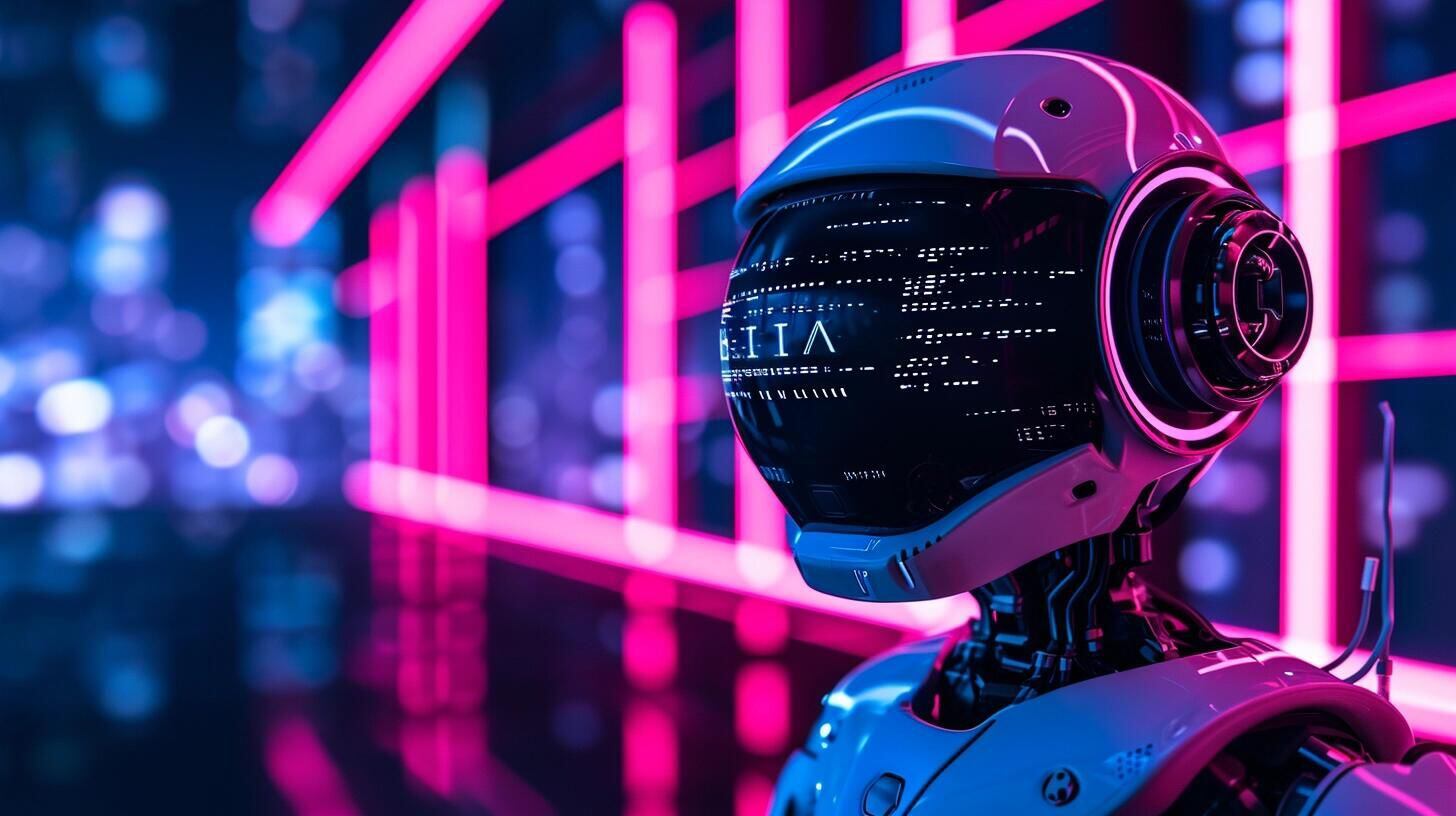 Robot equipado con tecnología de Inteligencia Artificial frente a una pantalla grande, mostrando líneas de código. La escena representa la integración de la IA en la robótica y la programación, anticipando el futuro de la tecnología y los avances científicos en la automatización y el análisis de datos. (Imagen ilustrativa Infobae)