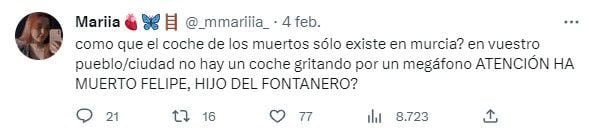 El mensaje en Twitter de la usuaria que lanzó la consulta sobre Murcia. (@_mmariiia_)