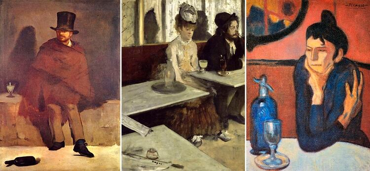 “Bebedor de absenta”, de Edouard Manet (1859), “La absenta”, de Edgar Degas (1876) y “Bebedora de absenta”, de Pablo Picasso (1901)