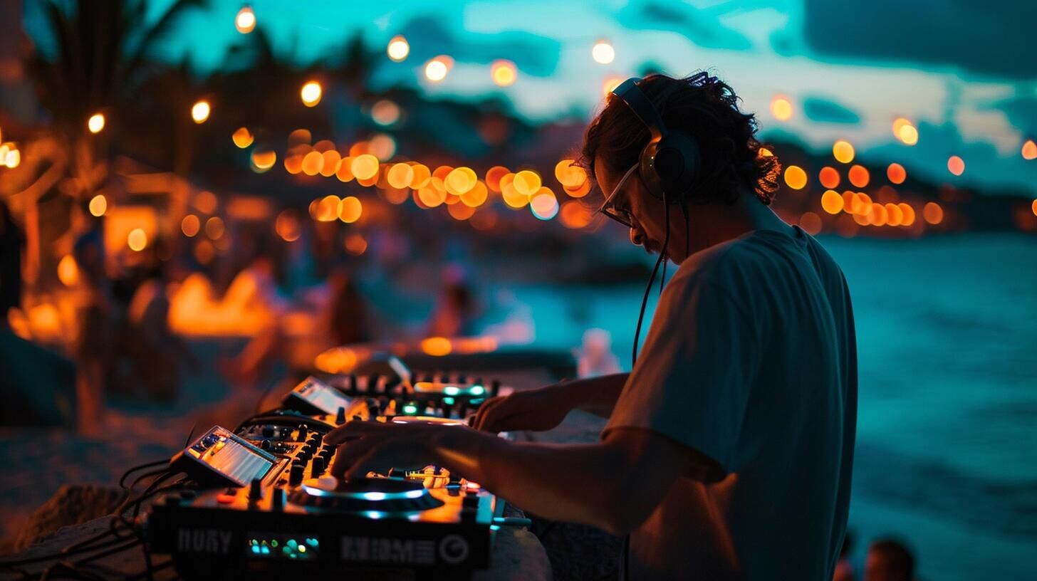 DJ en acción en la playa por la noche, mezclando música techno para un público entusiasta. La imagen refleja la energía y el espíritu de la vida nocturna en vacaciones, donde el baile y la música se convierten en parte esencial del descanso y la diversión. (Imagen ilustrativa Infobae)