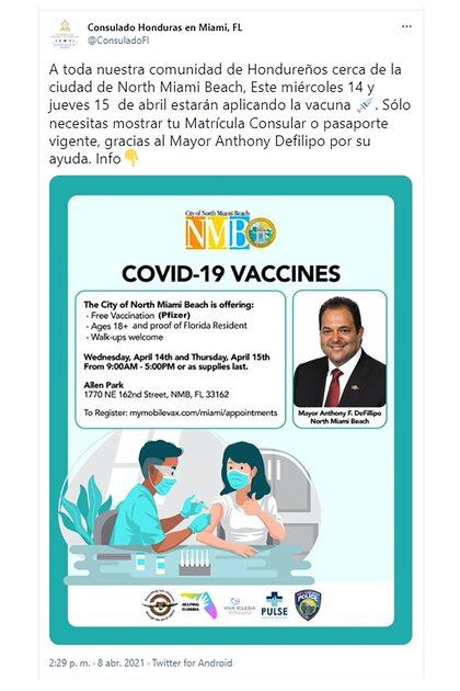 Tal impacto tuvieron las palabras de DeFillipo que incluso el consulado de Honduras en Miami le agradeció la supuesta apertura en el plan de vacunación