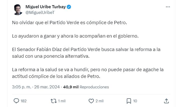 Miguel Uribe Turbay se fue en contra del senador Fabián Díaz por la radicación de una ponencia alternativa sobre la reforma a la salud - crédito @MiguelUribeT/X