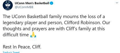 El mensaje de la Universidad de Connecticut por la muerte de Cliff Robinson