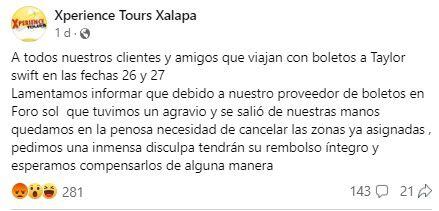 Agencia de viajes defrauda a "swifties". Foto: Facebook, @XperienceToursXalapa