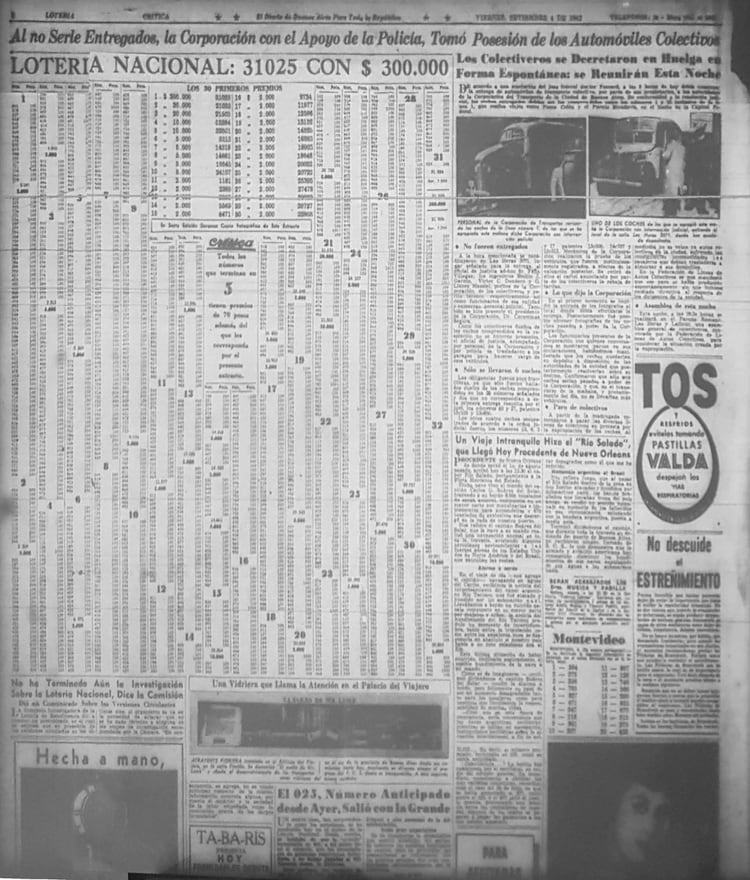 El anuncio de la jugada ganadora del 4 de septiembre de 1942 (Archivo General de la Nación)