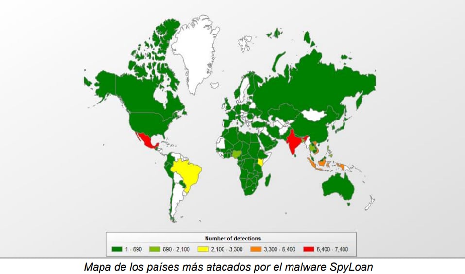 mapa de países más atacados por el malware SpyLoan. Imagen: estudio Kaspersky