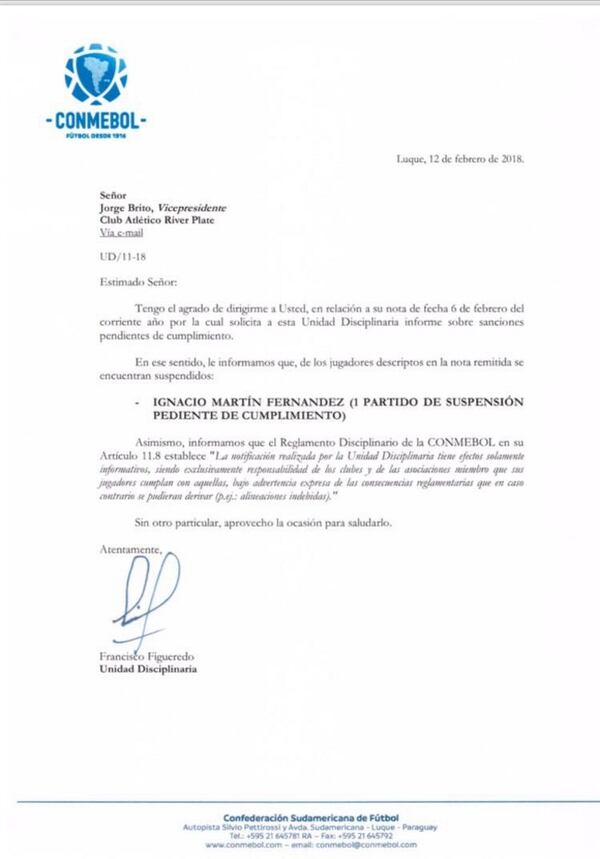 La respuesta de la Conmebol ante la consulta de River Plate antes de iniciar la Copa Libertadores 2018