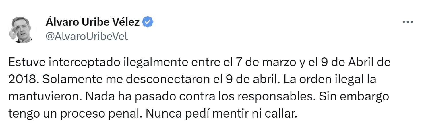 El expresidente Álvaro Uribe solicitó acciones contra los responsables de interceptaciones en su contra - crédito X
