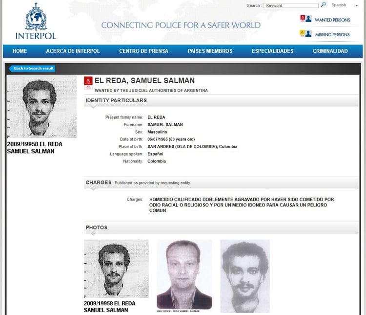 La ficha de busqueda de Samuel Salman El Reda, uno de los apodos con que lo identificó Interpol