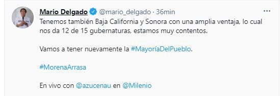Mario Delgado afirmó que Morena ganó 12 de 15 gubernaturas (Foto: Twitter@mario_delgado)