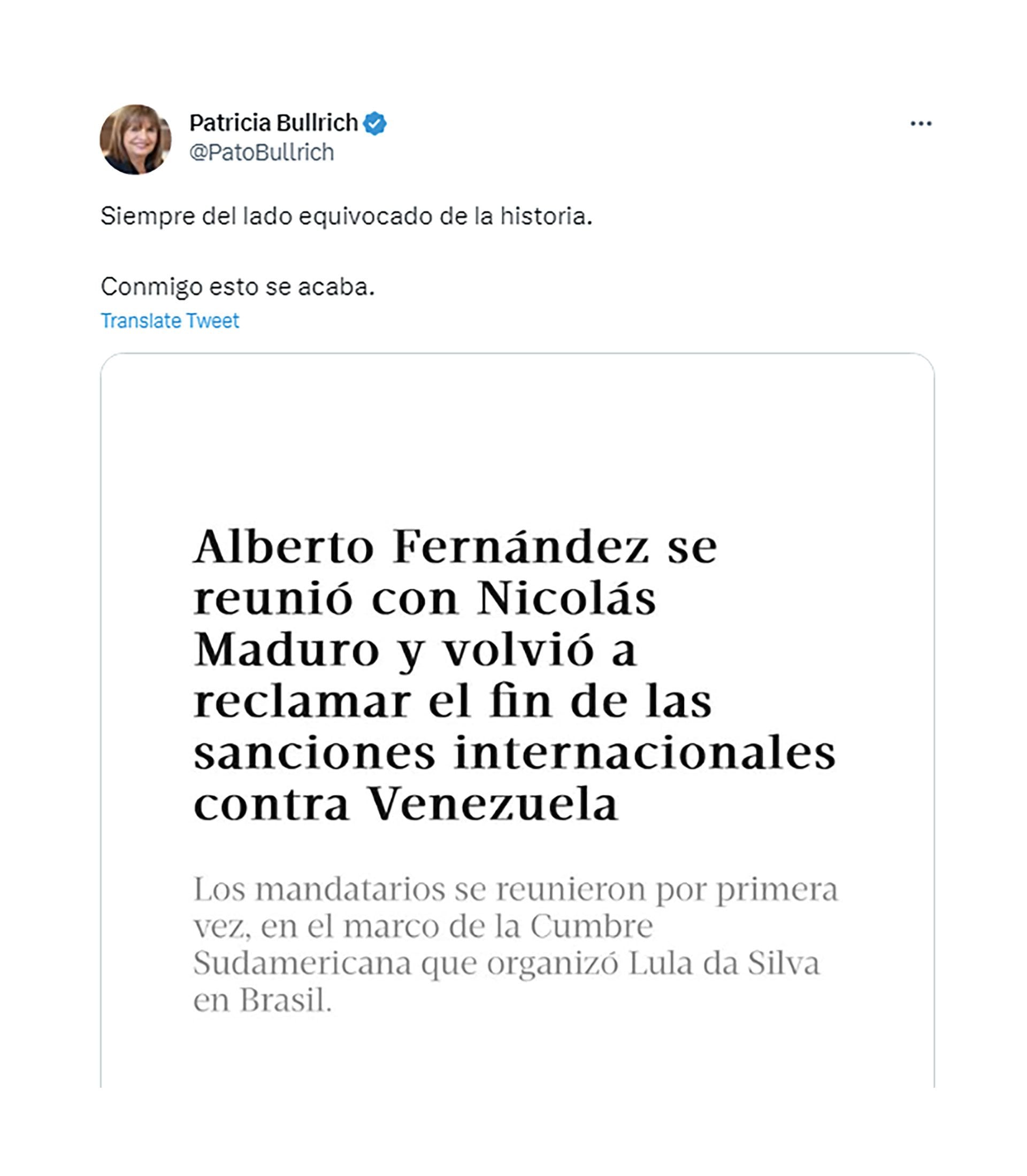 El tuit de Patricia Bullrich sobre la reunión de Alberto Fernández y Nicolás Maduro
