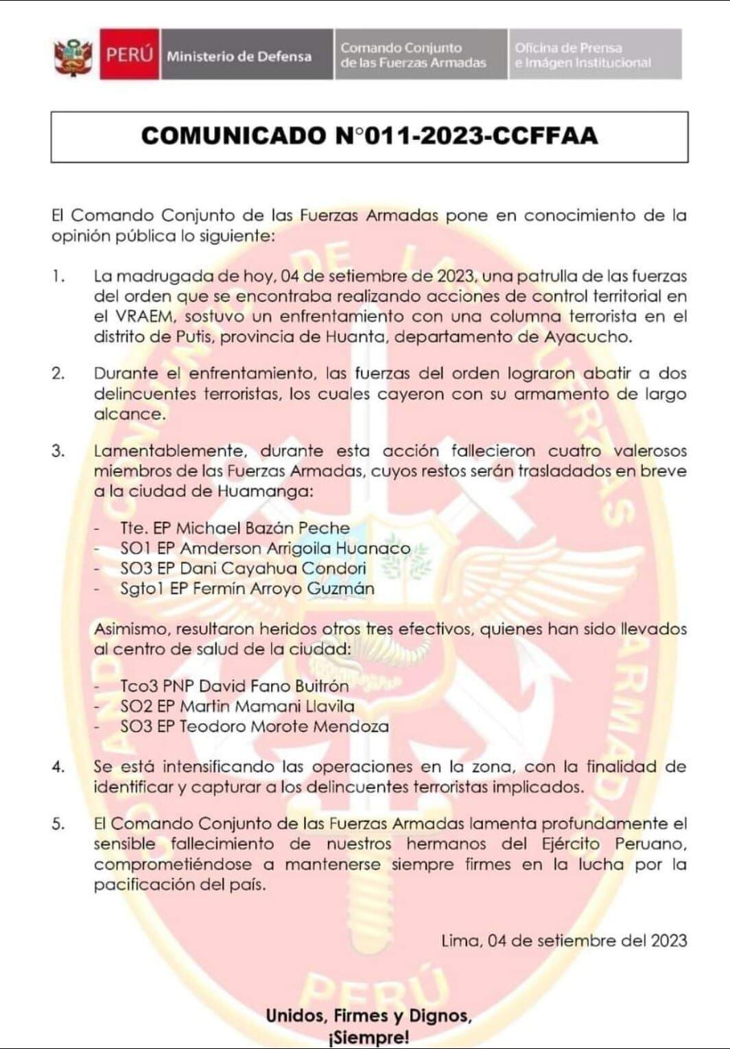 Comunicado de prensa del Comando Conjunto de las Fuerzas Armadas