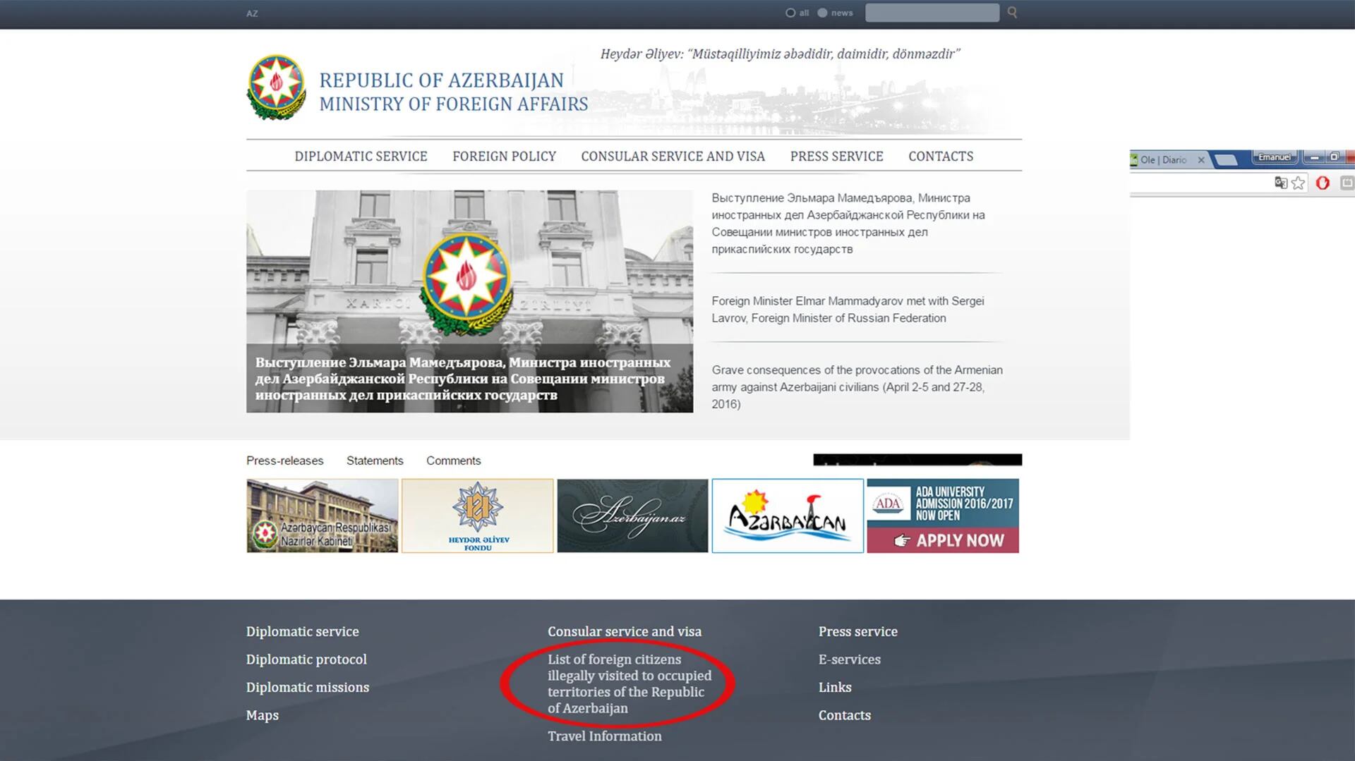 La web de la cancillería de Azerbaiyán donde se publica la “lista negra” de periodistas que ingresan a Nagorno Karabaj.