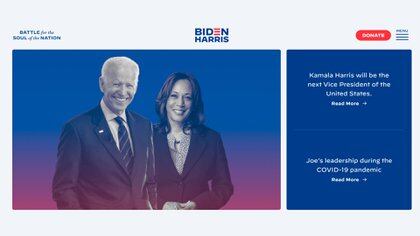 La portada del sitio oficial de la campaña de Biden a la presidencia fue actualizada este martes para mostrar también a Kamala Harris