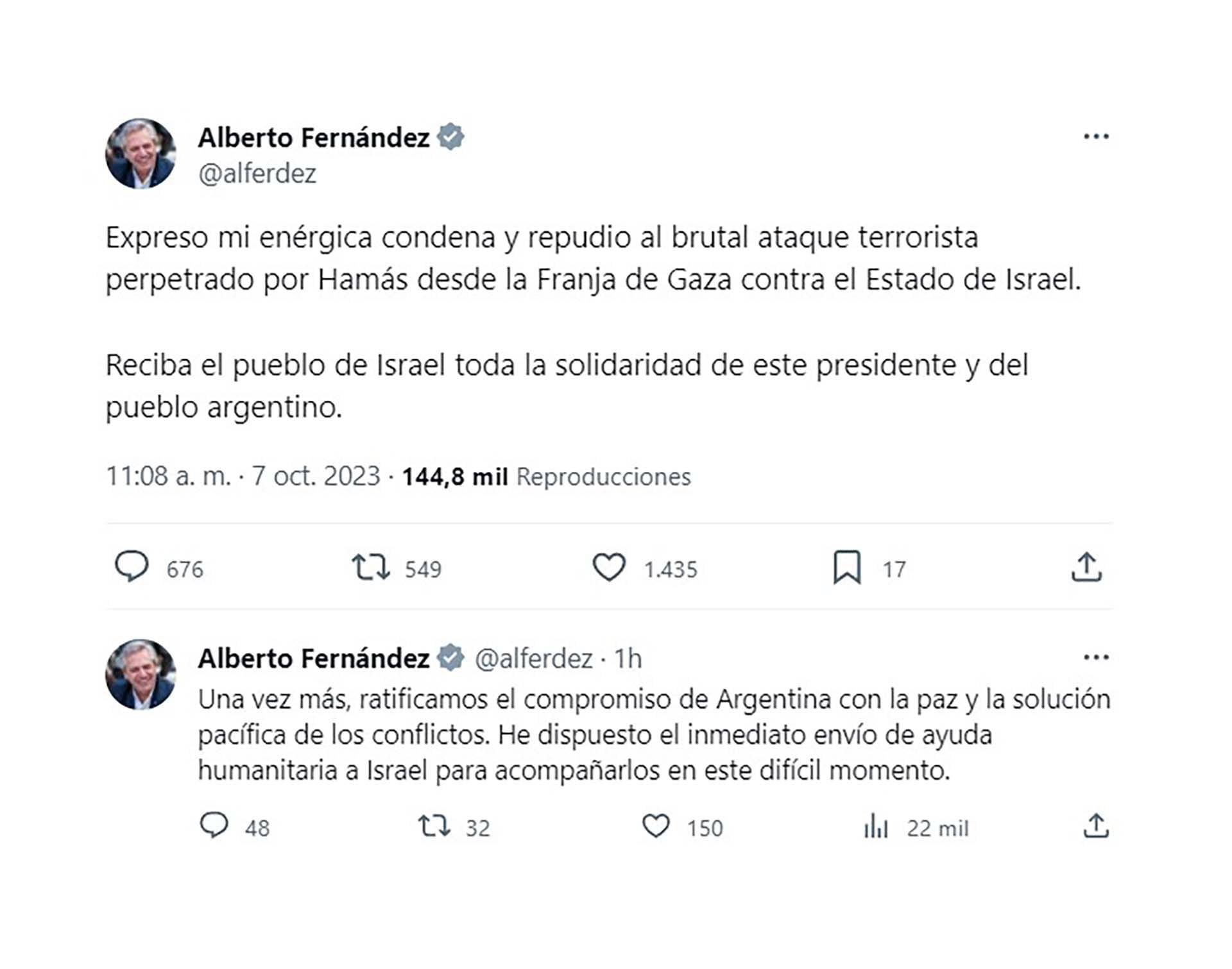 El mensaje del presidente Alberto Fernández mientras el sur de Israel es atacado de forma salvaje por el grupo islamista Hamás. 