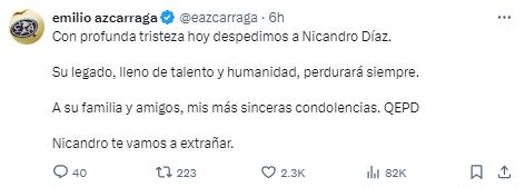 El Presidente de Grupo Televisa lamentó la muerte de su colaborador (Foto: @eazcarraga / X)