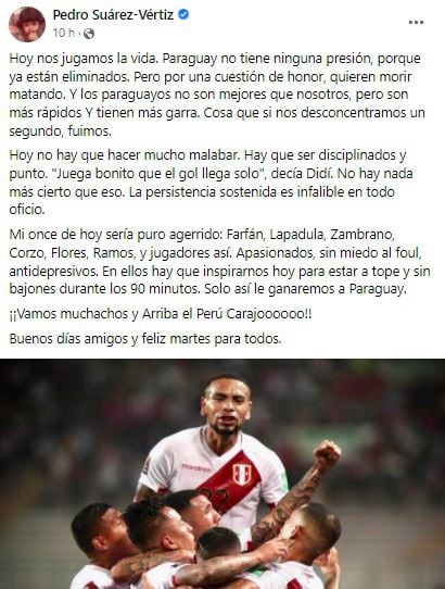 Message de Pedro Suárez Vértiz à l'équipe nationale péruvienne. (Photo : Facebook)