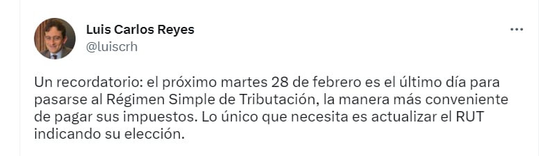 Luis Carlos Reyes recuerda fecha límite para pasarse al Régimen Simple de Tributación. @luiscrh