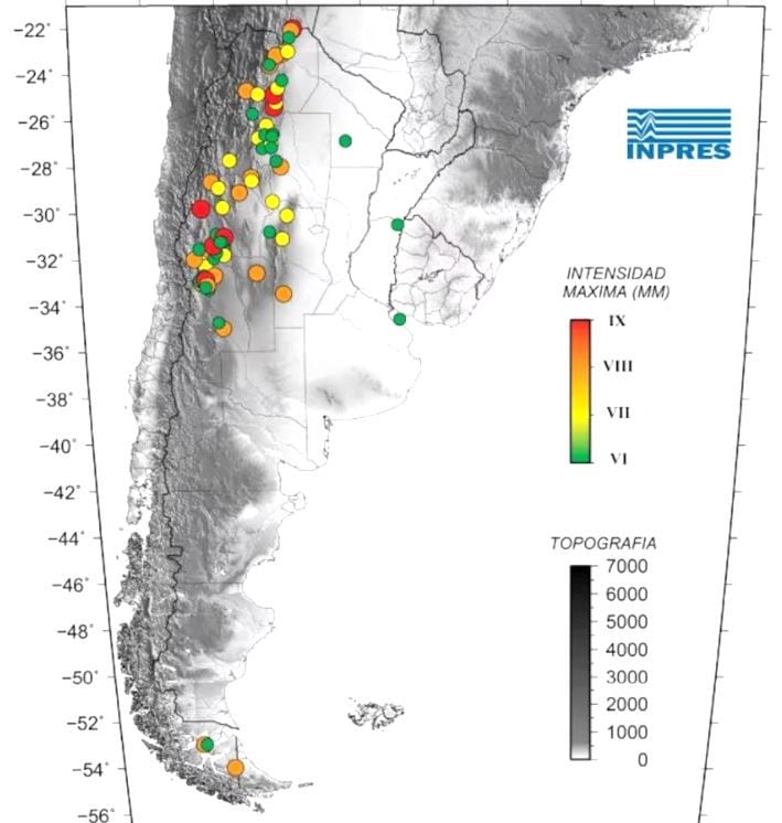 Mapa de sismos históricos en el país (INPRES)
