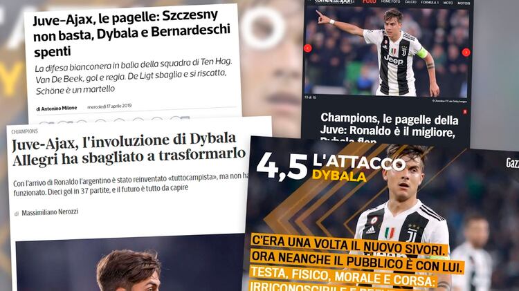 La prensa italiana, lapidaria con Paulo Dybala tras la eliminación de Juventus en cuartos de final de la Champions League a manos de Ajax