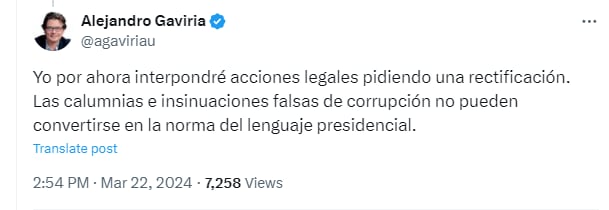 Alejandro Gaviria interpondrá acciones legales contra el presidente Petro por graves acusaciones en su contra - crédito @agaviriau/X