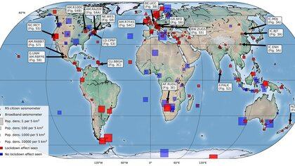 Las zonas marcadas en rojo son aquellas donde se vieron cambios en los ruidos sísmicos tras las medidas de restricción implementadas. Los lugares marcados en azul son aquellos donde no se vieron cambios en ese sentido.