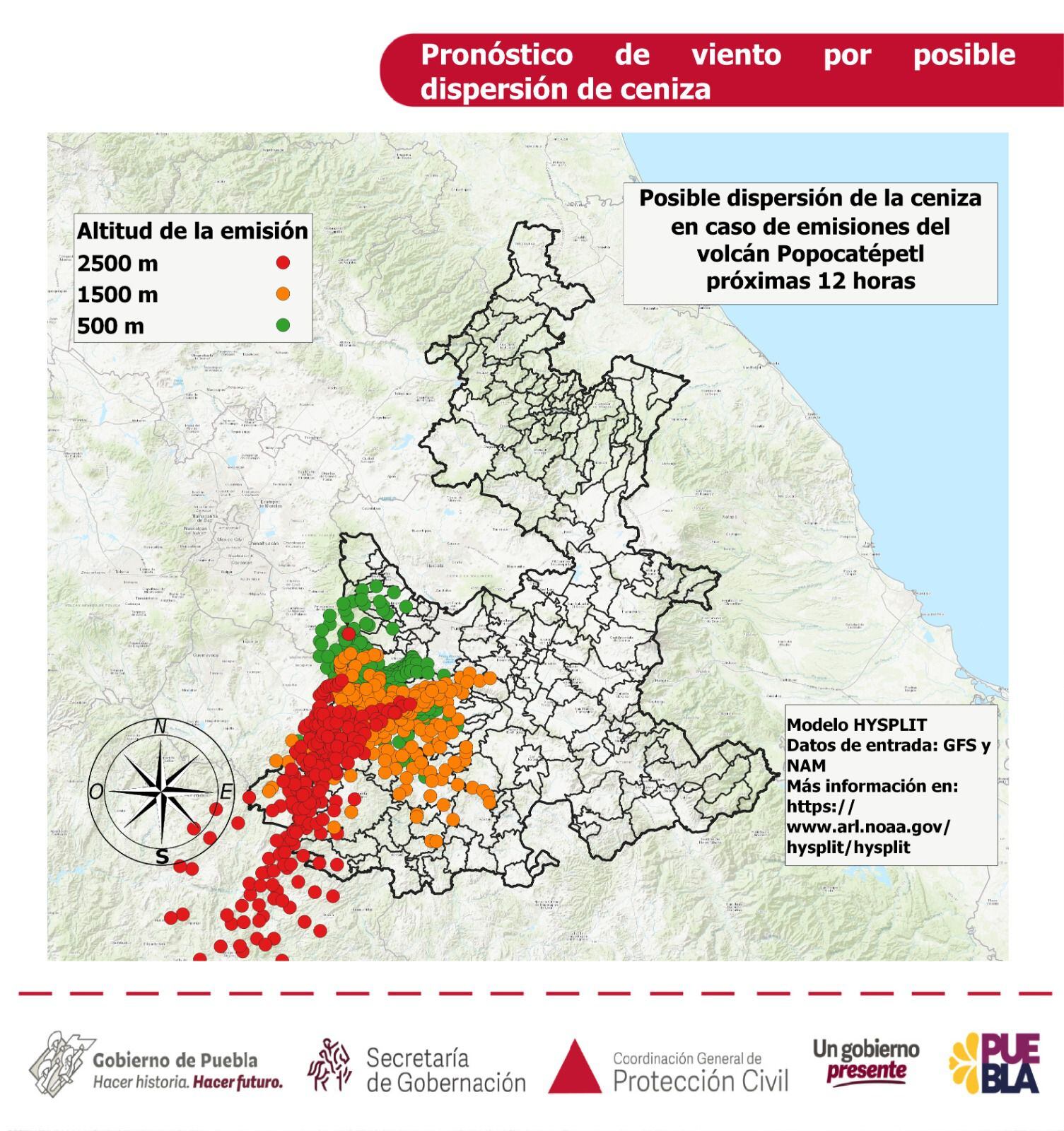 Posibles zonas donde caería ceniza en caso de nuevas emisiones

Foto: Twitter/Protección Civil Estatal de Puebla