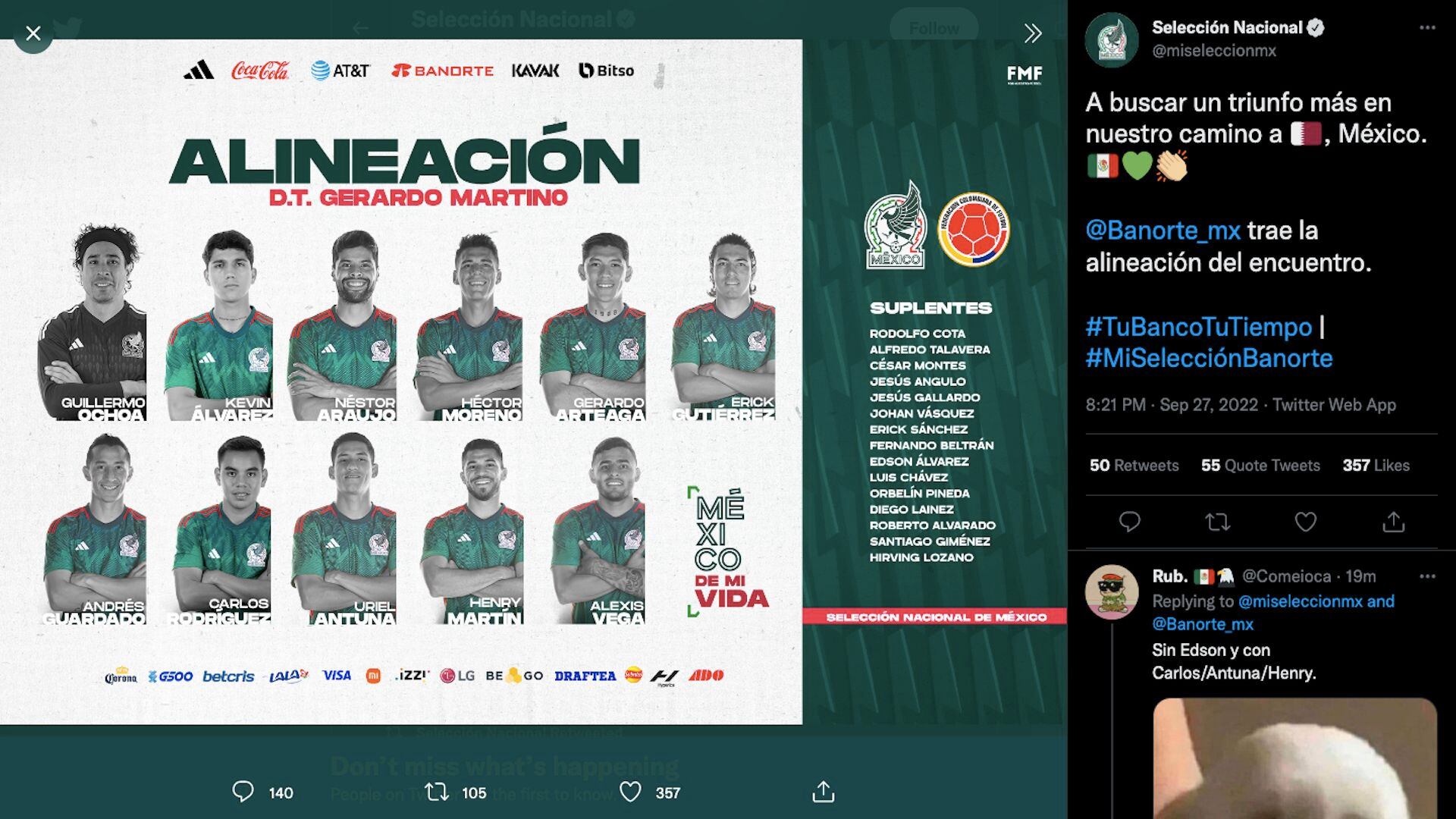 Alineación de la selección mexicana de fútbol para enfrentar a Colombia este martes 27 de septiembre / (Twitter: @miseleccionmx)