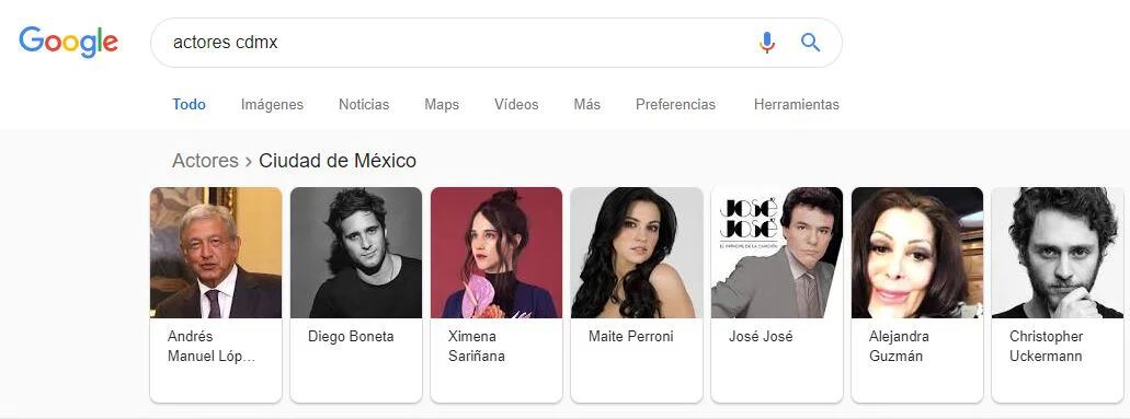 En los resultados para la búsqueda de “actores cdmx” aparece AMLO junto a Diego Boneta y Maite Perroni (Foto: Google)