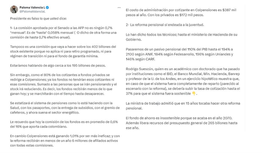 Paloma Valencia negó los argumentos del presidente Petro sobre la reforma pensional - crédito @PalomaValenciaL/X