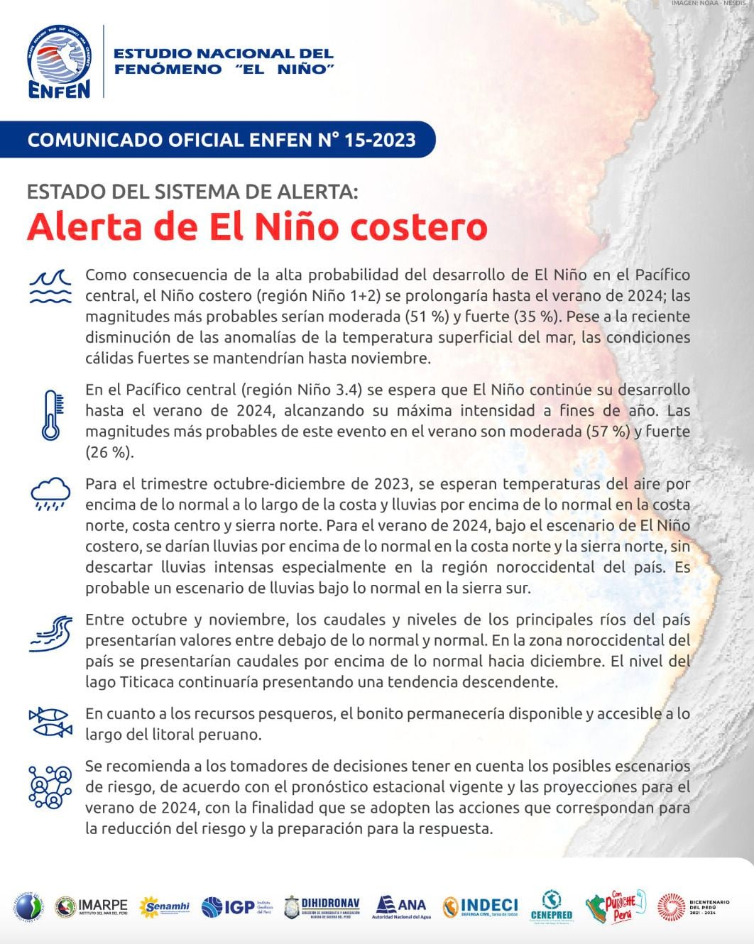 Comunicado sobre ampliación de alerta por el fenómeno El Niño Costero.