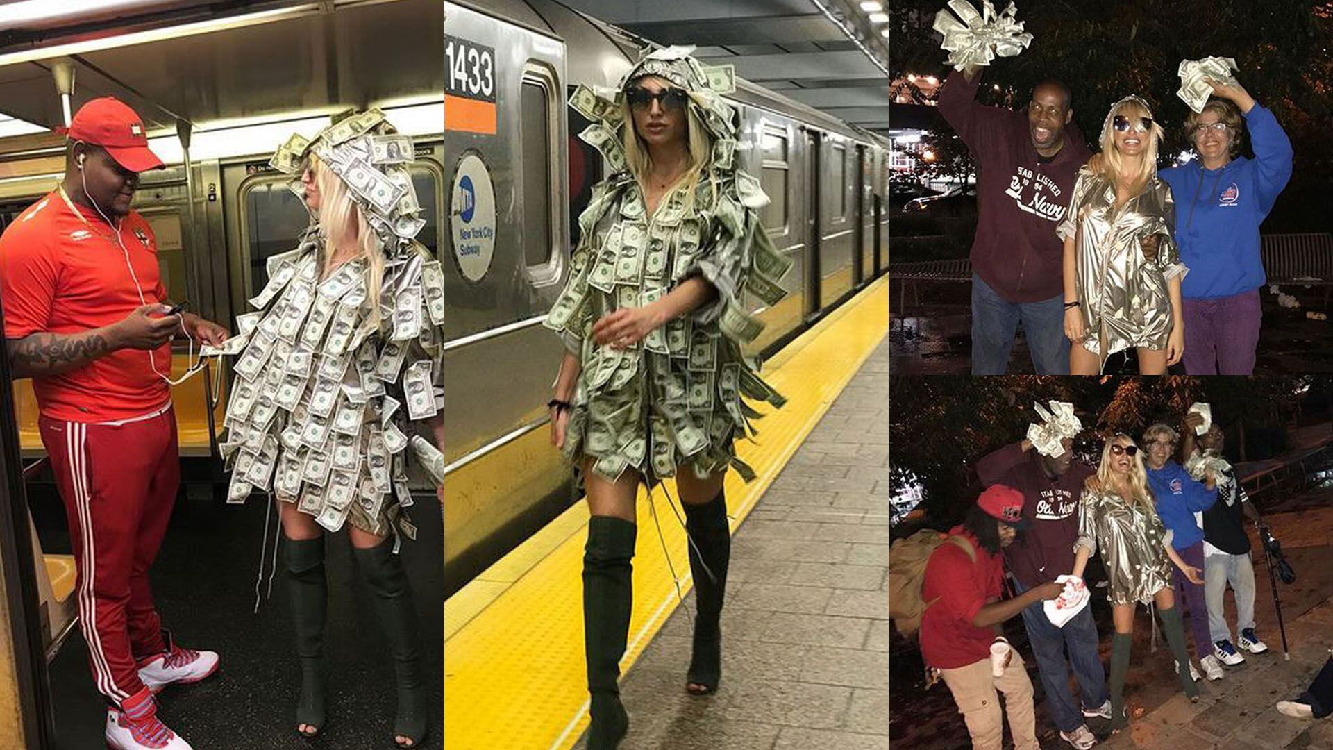 En una ocurrencia “solidaria”, Vicky Xipolitakis decidió viajar en subte en Manhattan enfundada en un vestido hecho con billetes de un dólar para repartir entre los “sin techo”