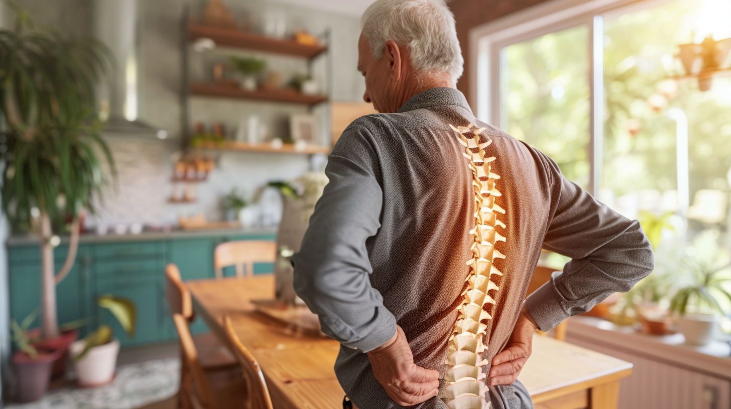 Hombre mayor con dolor de espalda, columna resaltada enfatizando la zona de dolor - (Imagen Ilustrativa Infobae)