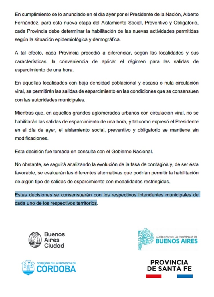 El comunicado conjunto de los gobiernos de CABA, Buenos Aires, Córdoba y Santa Fe