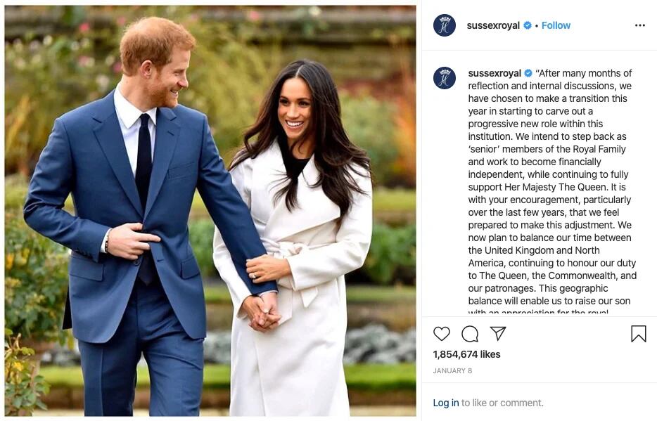 El príncipe Harry y su esposa Meghan Markle utilizaron directamente su cuenta de Instagram para anunciar al mundo que renunciaban a las tareas y los beneficios de la corona.