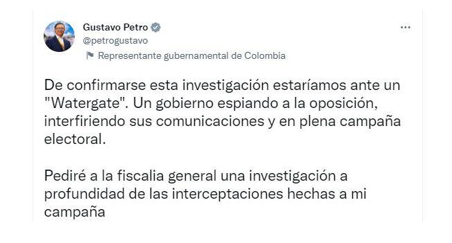 El presidente Petro comparó los "petrovideos" con "Watergate". Twitter.
