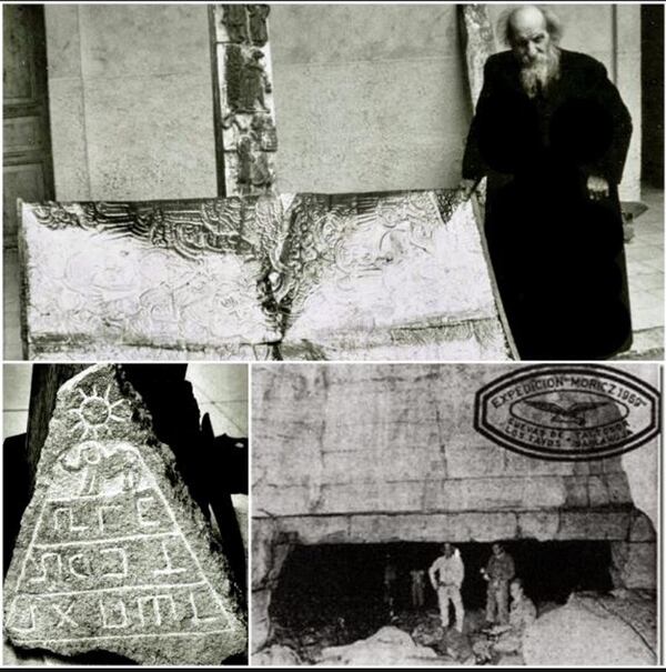 Arriba, el cura salesiano italiano Carlos Crespi Croci con el regalo encontrado en la cueva, abajo a la izquierda una de las tabillas que encontradas durante la expediciÃ³n MÃ³ricz de 1969(a la derecha)