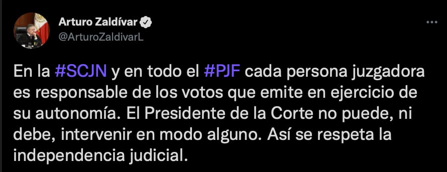 Arturo Zaldívar indicó que se debe de respetar "la independencia judicial", luego de que se diera a conocer el restado de la discusión sobre el caso de tortura de Lydia Cacho (Foto: Twitter/@ArturoZaldívarL)