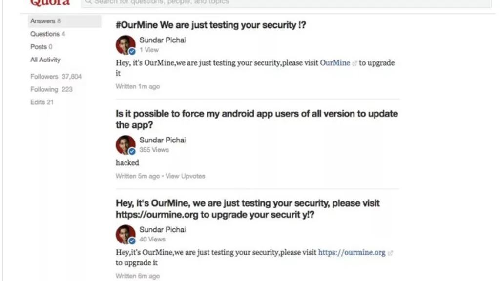Capturas de la cuenta de Quora de Sundar Pichai, CEO de Google, luego de haber sido hackeada.