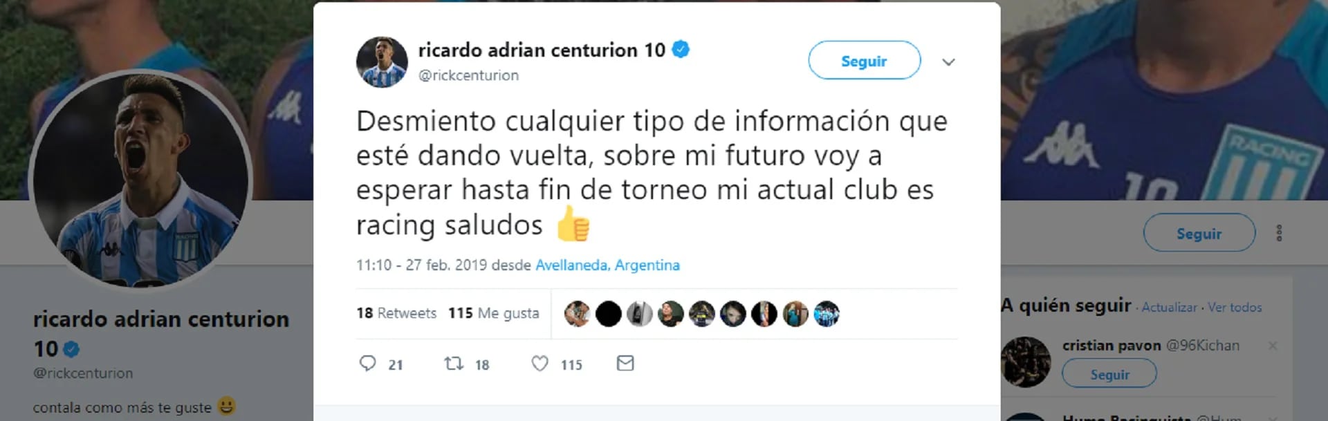 El tuit de Ricardo Centurión en el que desmintió una posible salida de Racing