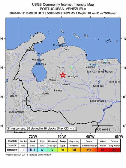 El Servicio Geológico de Estados Unidos (USGS) reportó una magnitud de 5,1 y ubicó el epicentro a 34 kilómetros al suroeste de El Tocuyo (Lara, oeste)