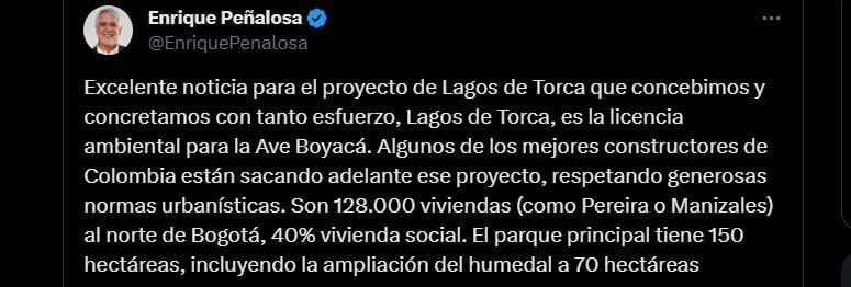El exalcalde Enrique Peñalosa celebró que se diera la licencia ambiental para la ampliación de la avenida Boyacá - crédito @EnriquePenalosa/X