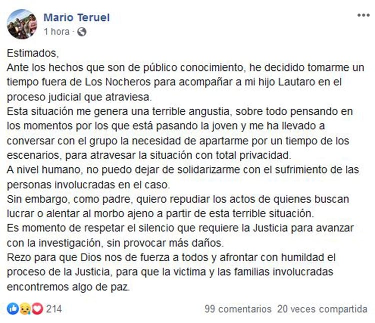 El comunicado de Mario Teruel
