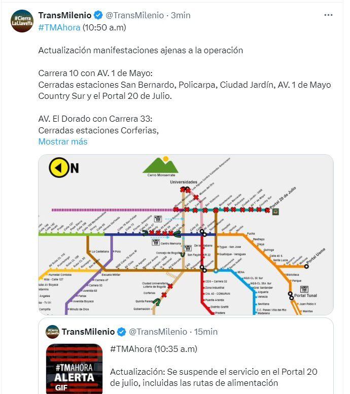 Si piensa movilizarse en TransMilenio tenga en cuenta que varias troncales presentan suspensión del servicio en algunas de sus estaciones - crédito @TransMilenio