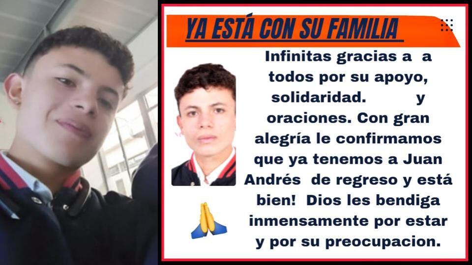 El estudiante Juan Andrés Tovar estuvo desaparecido por 14 días - crédito @MonicaG56099293/X