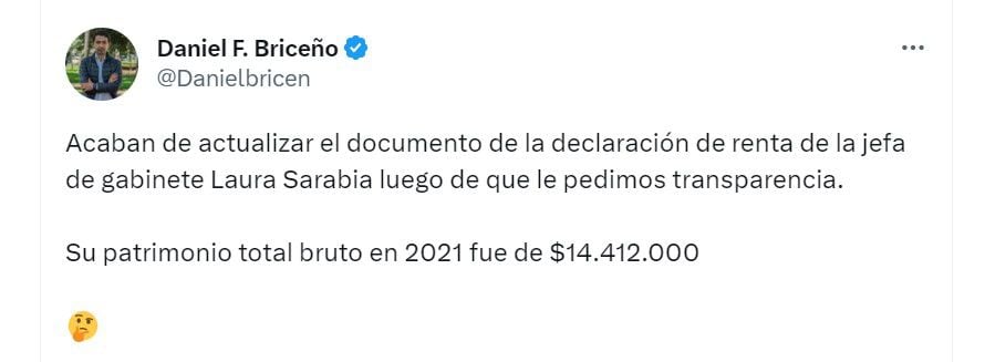 Briceño sobre el dinero de Laura Sarabia. Twitter.