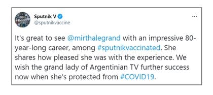 El tuit de Sputnik V para Mirtha Legrand, felicitándola por la primera dosis
