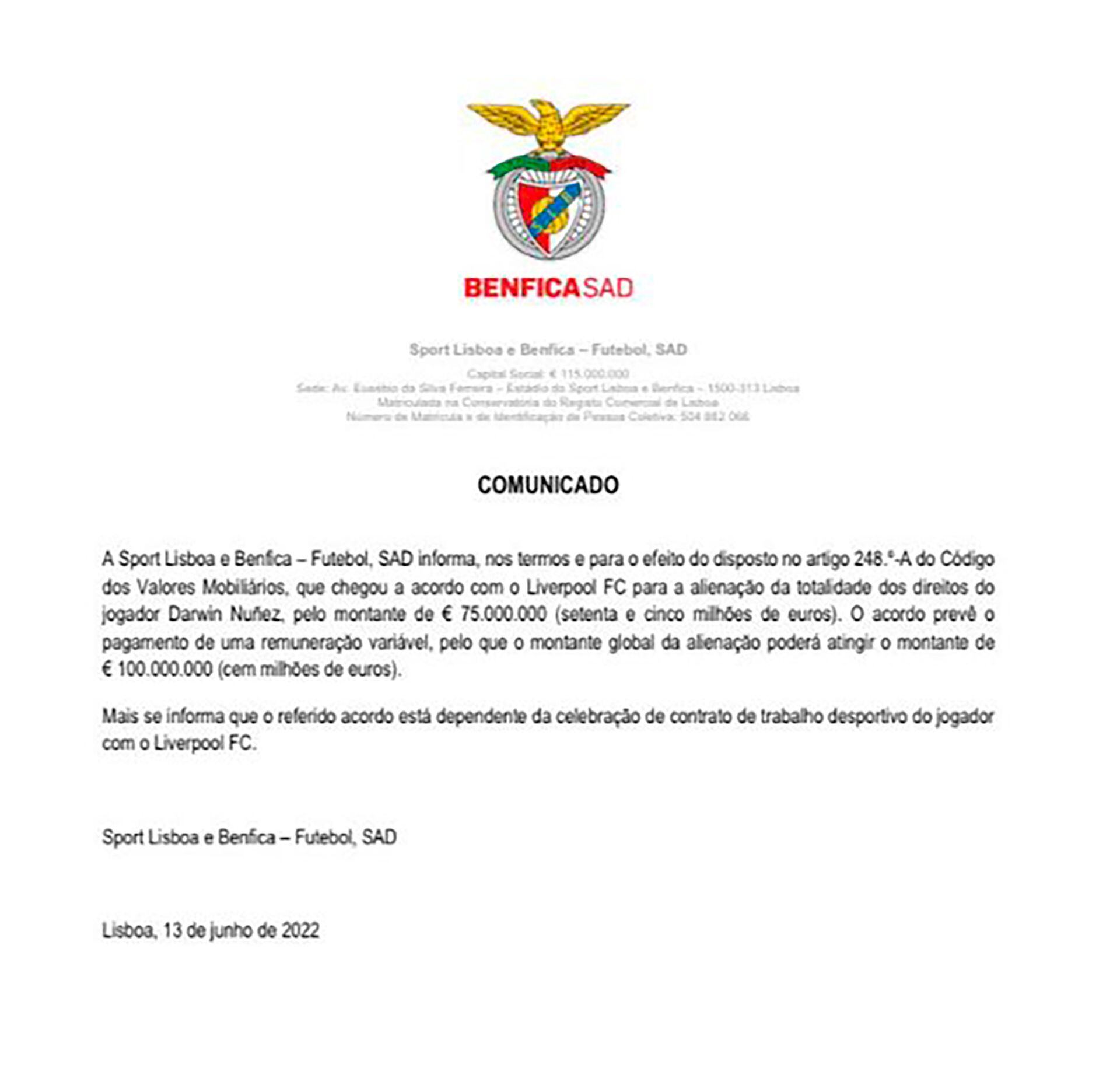 Benfica confirmo el traspaso de Darwin Núñez al Liverpool