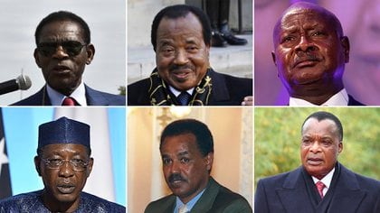 Los seis dictadores africanos que llevan más tiempo en el poder. Arriba: Teodoro Obiang Nguema (Guinea Ecuatorial), Paul Biya (Camerún) y Yoweri Kaguta Museveni (Uganda). Abajo: Idriss Déby (Chad), Isaias Afewerki (Eritrea) y Denis Sassou-Nguesso (Congo)